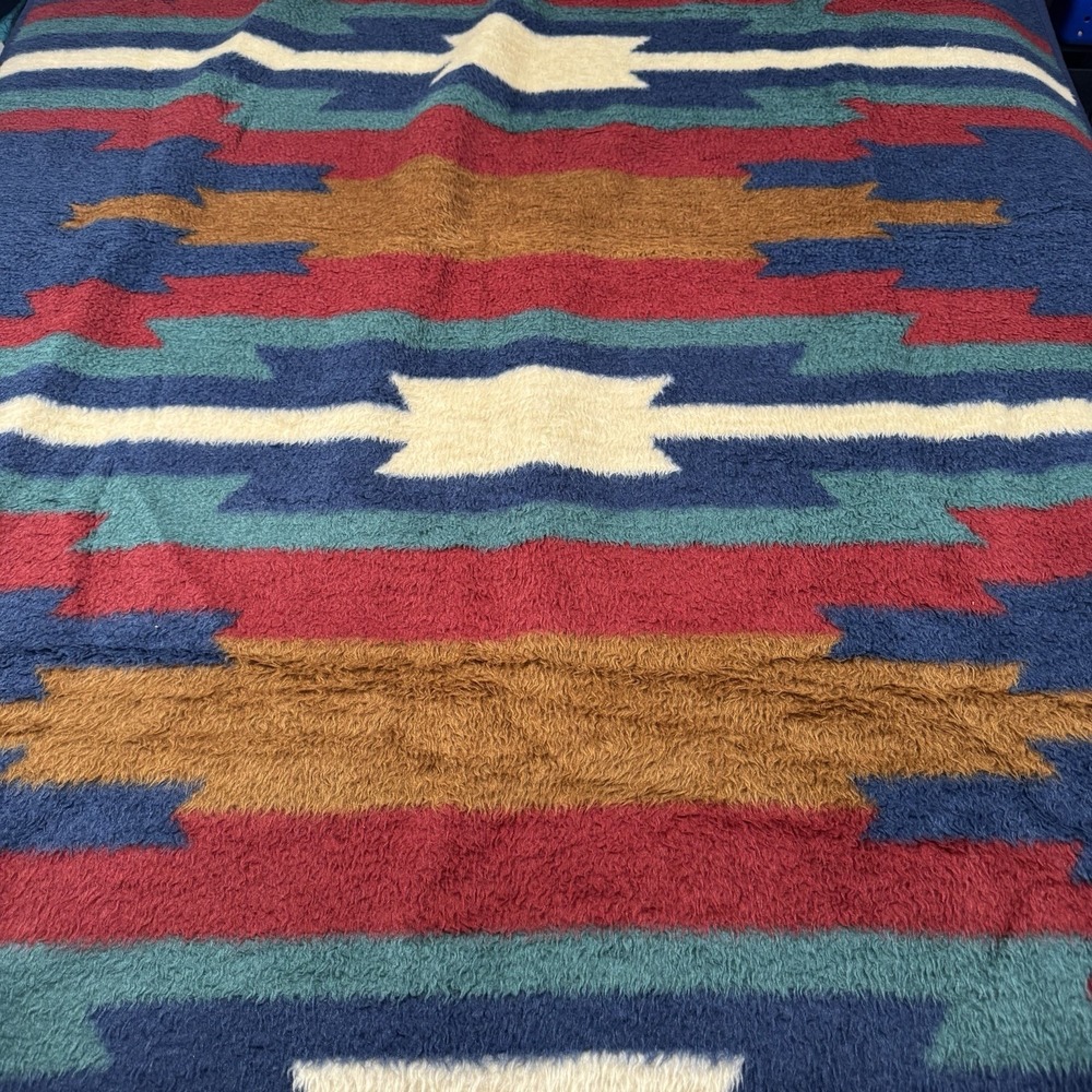 Vtg Biederlack Throw Blanket Southwest Aztec Camp Bonfire Reversible 74"X 58"